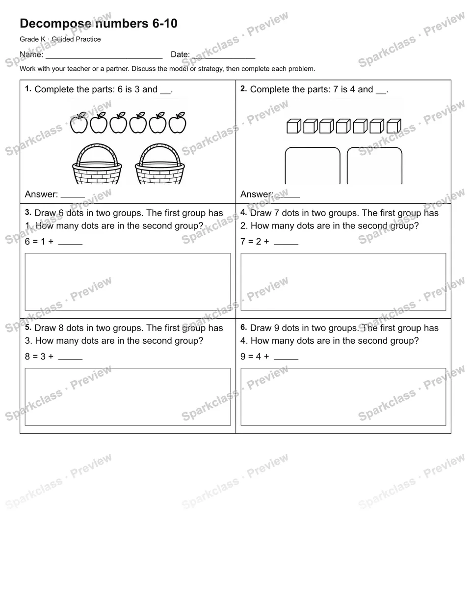 Decompose numbers 6-10 — Guided Practice — Kindergarten worksheet preview