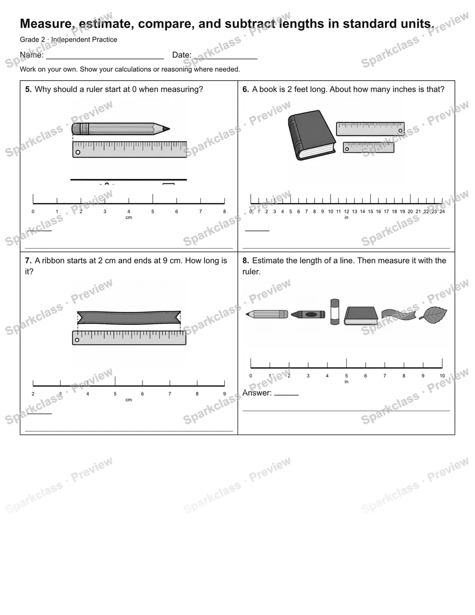 Measure, estimate, compare, and subtract lengths in standard units. — Independent Practice — page 2
