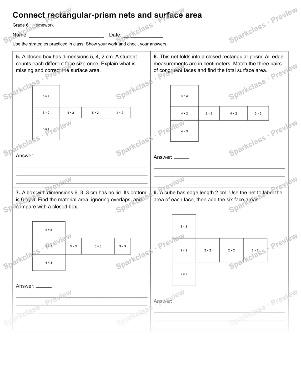 Connect rectangular-prism nets and surface area — Homework — page 2