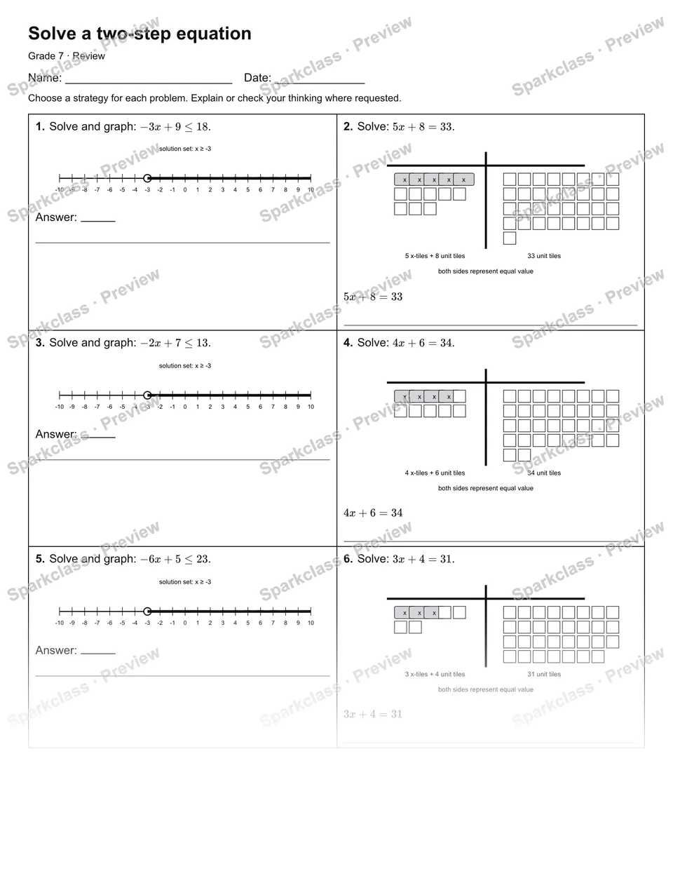 Solve a two-step equation — Review — Grade 7 worksheet preview