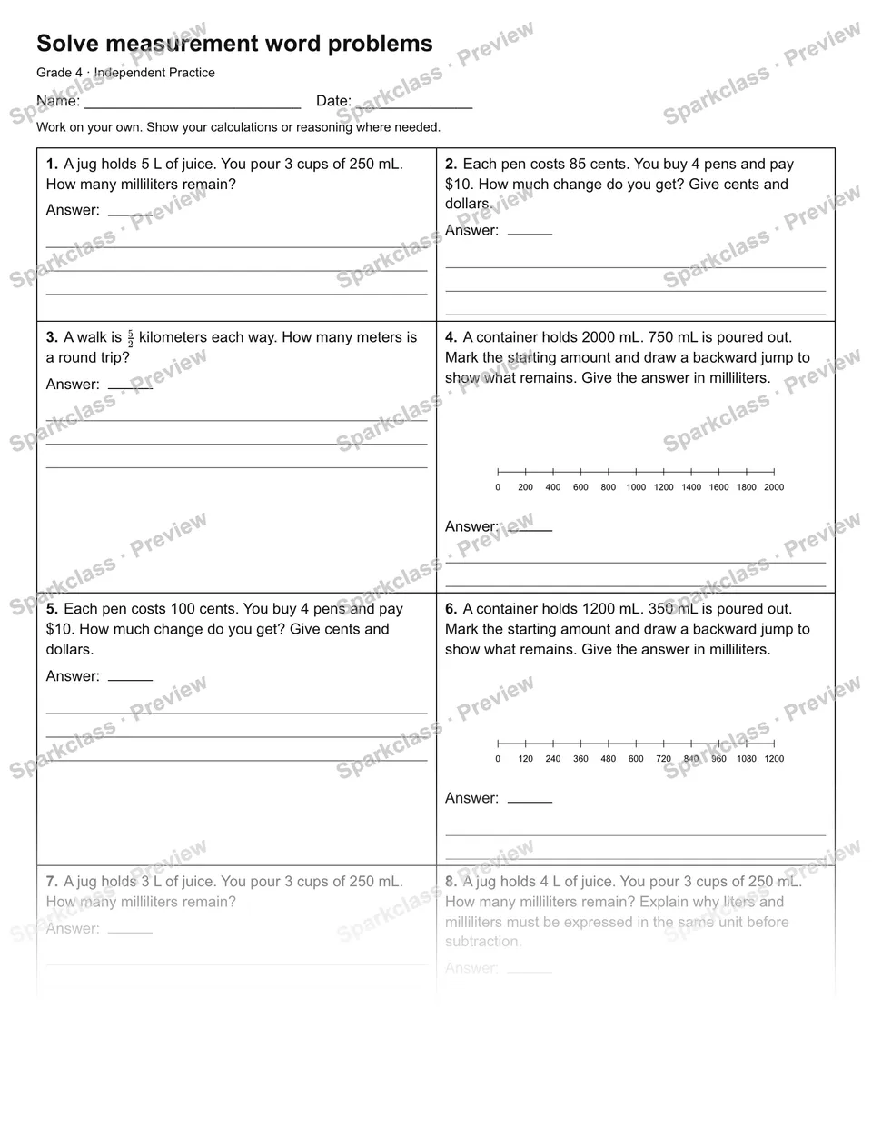 Solve measurement word problems — Independent Practice — Grade 4 worksheet preview