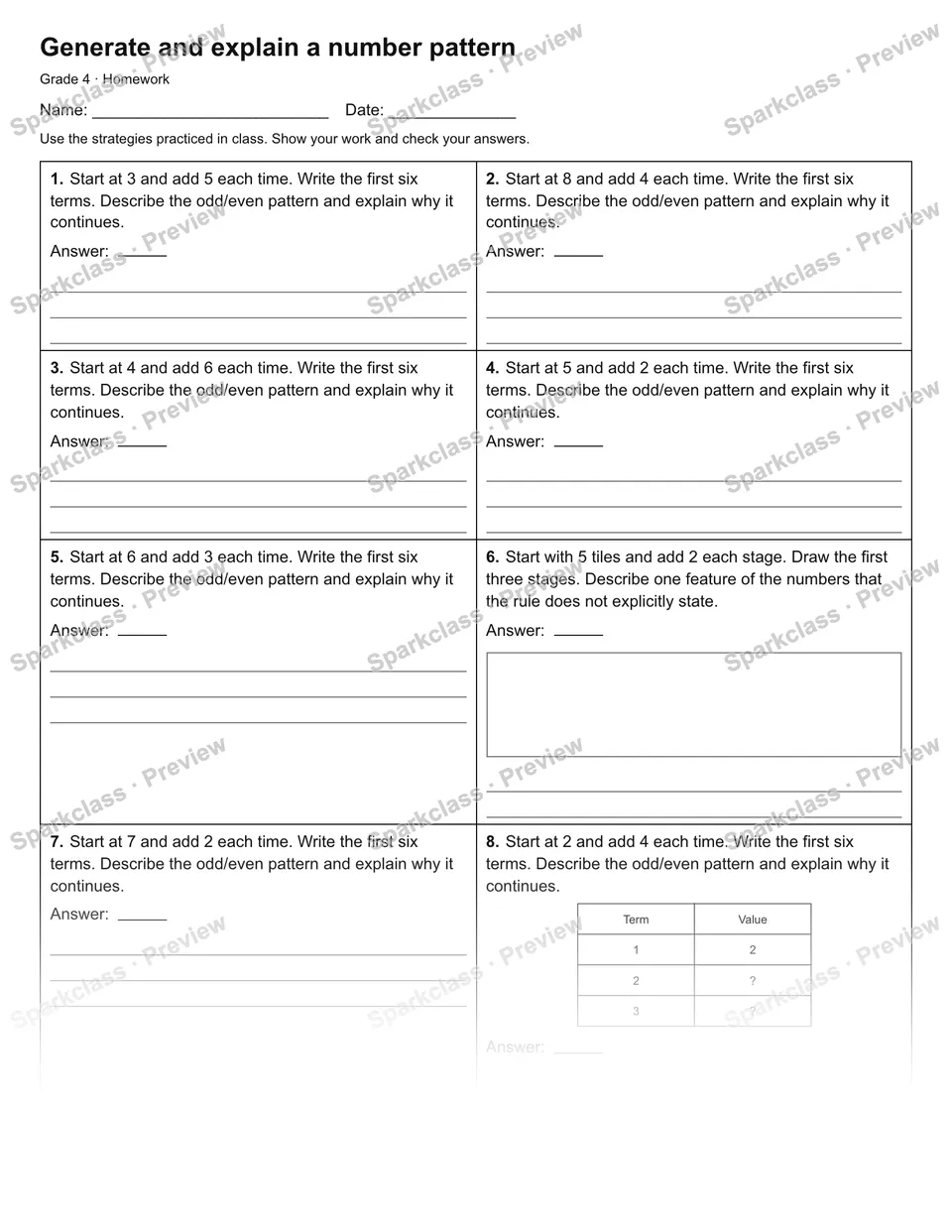 Generate and explain a number pattern — Homework — Grade 4 worksheet preview
