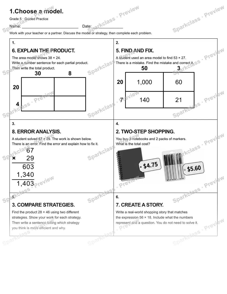 1.Choose a model. — Guided Practice — Grade 5 worksheet preview