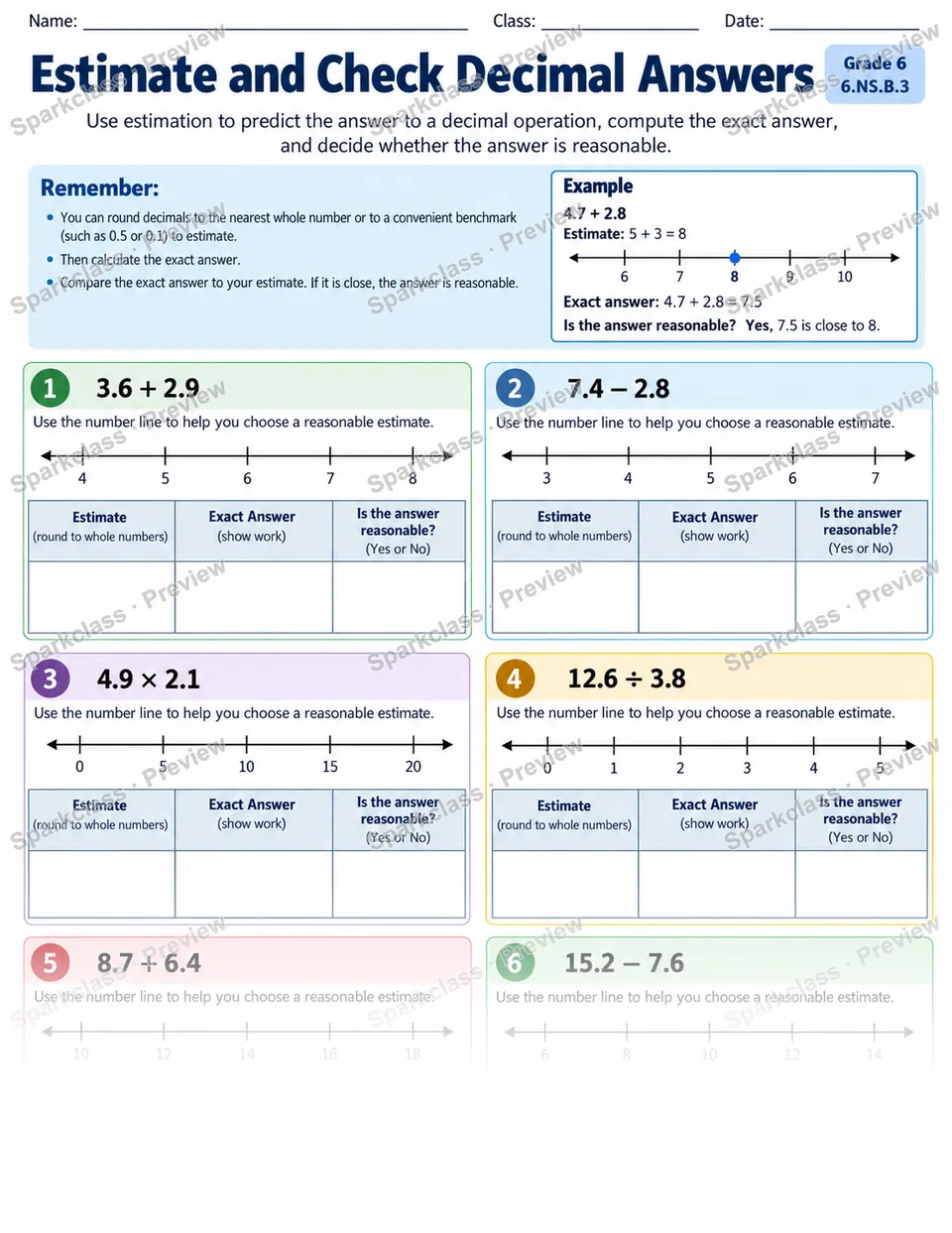 Estimate Decimal Answers — Grade 6 worksheet preview