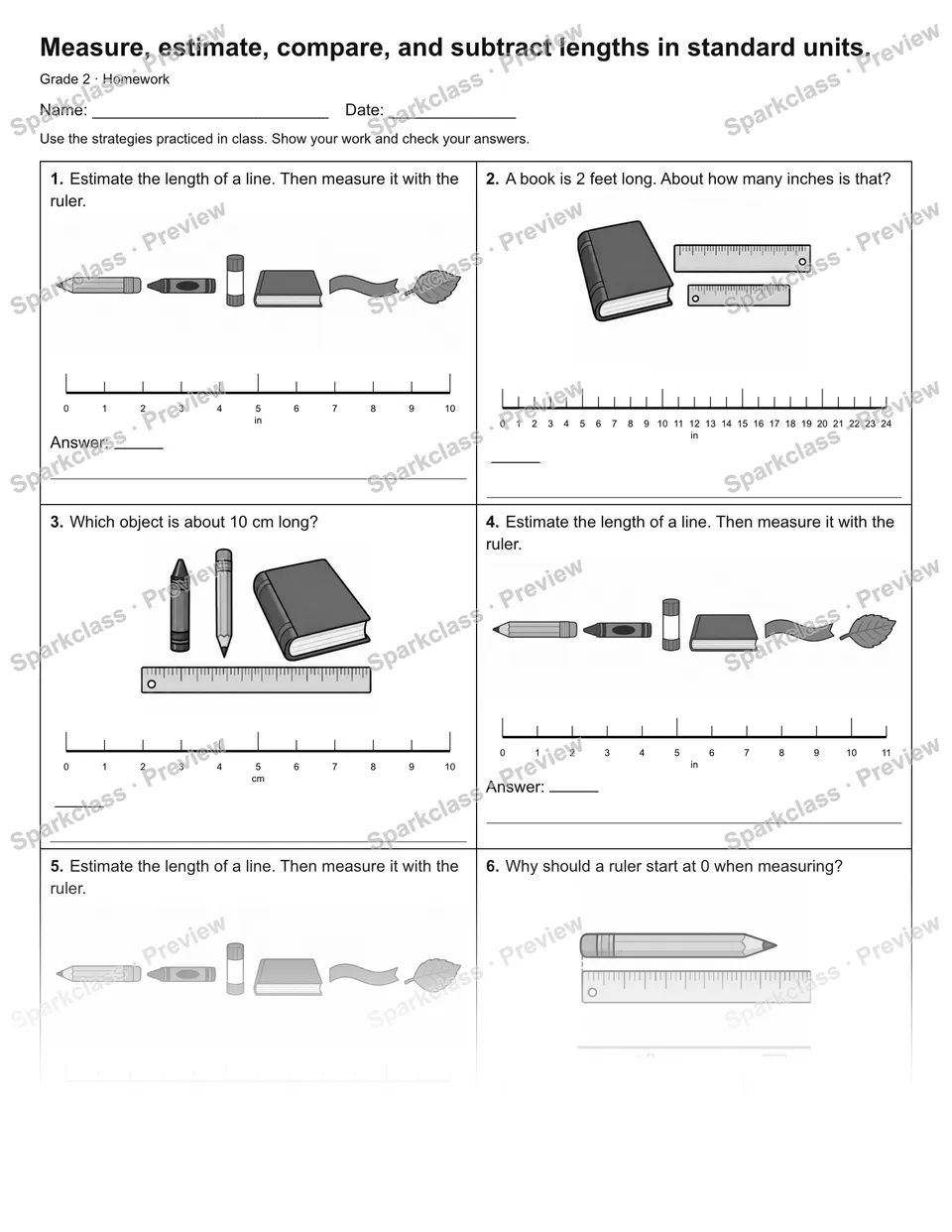 Measure, estimate, compare, and subtract lengths in standard units. — Homework — Grade 2 worksheet preview