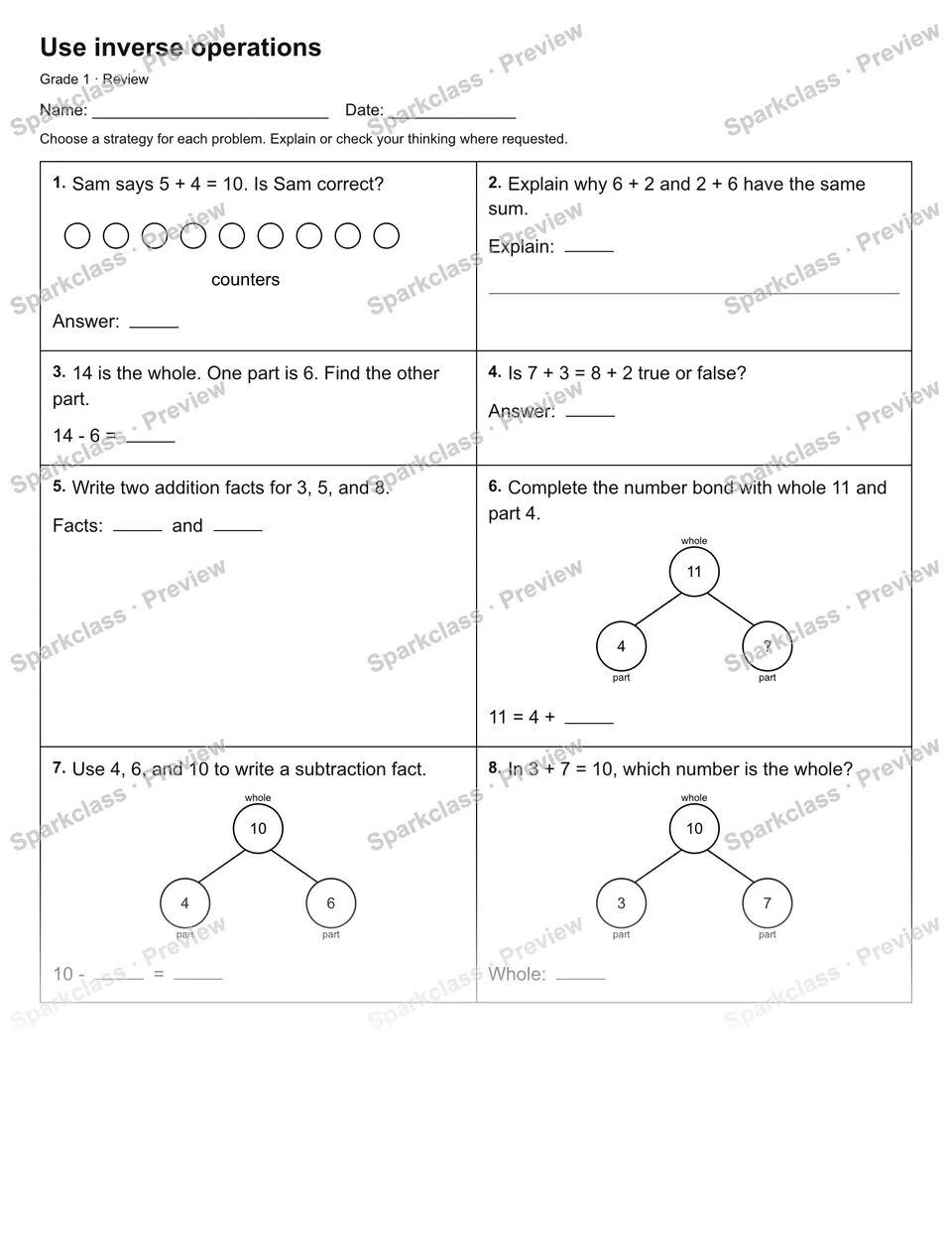 Use inverse operations — Review — Grade 1 worksheet preview
