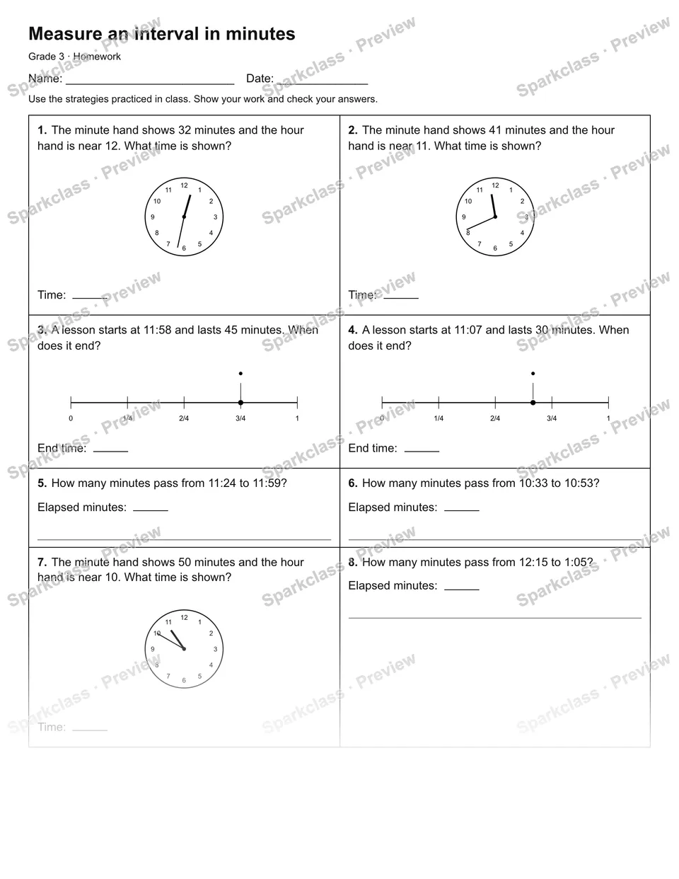 Measure an interval in minutes — Homework — Grade 3 worksheet preview