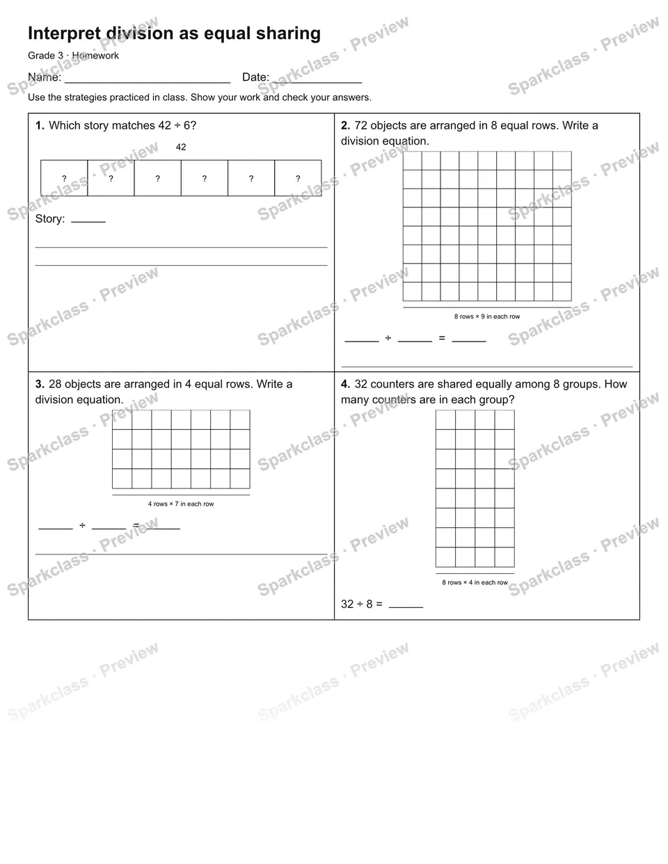 Interpret division as equal sharing — Homework — Grade 3 worksheet preview