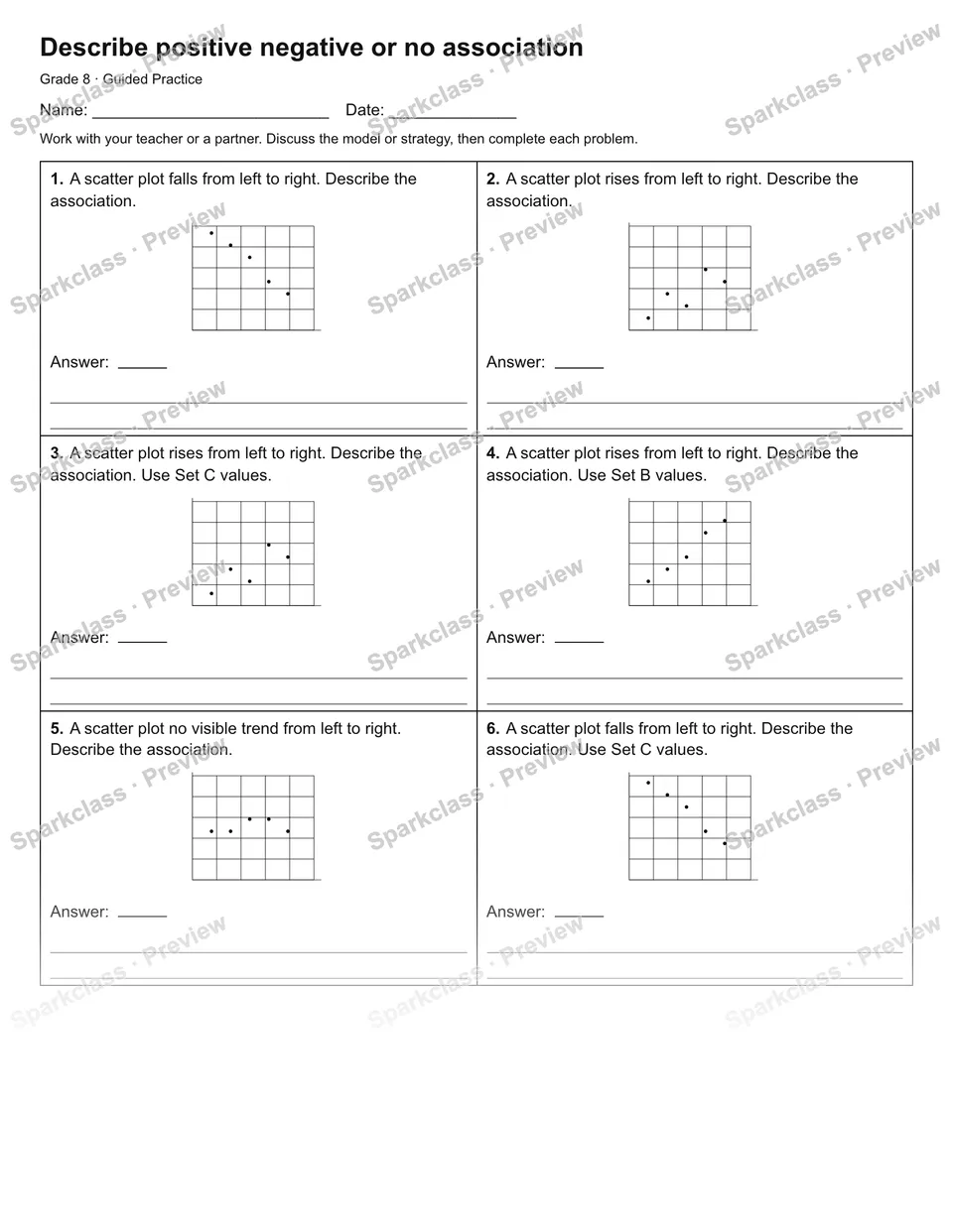 Describe positive negative or no association — Guided Practice — Grade 8 worksheet preview