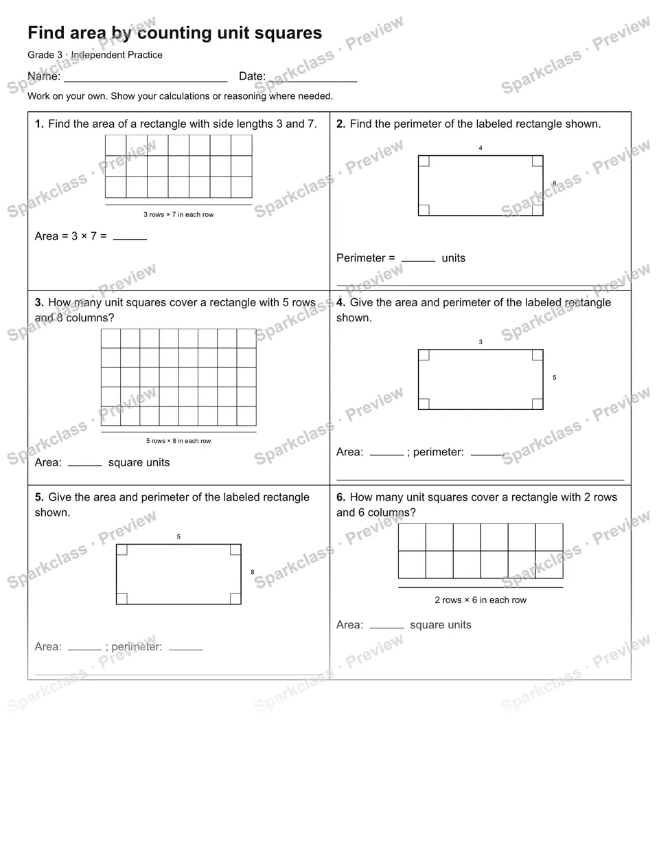 Find area by counting unit squares — Independent Practice — Grade 3 worksheet preview