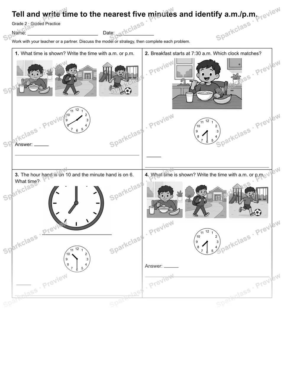 Tell and write time to the nearest five minutes and identify a.m./p.m. — Guided Practice — Grade 2 worksheet preview