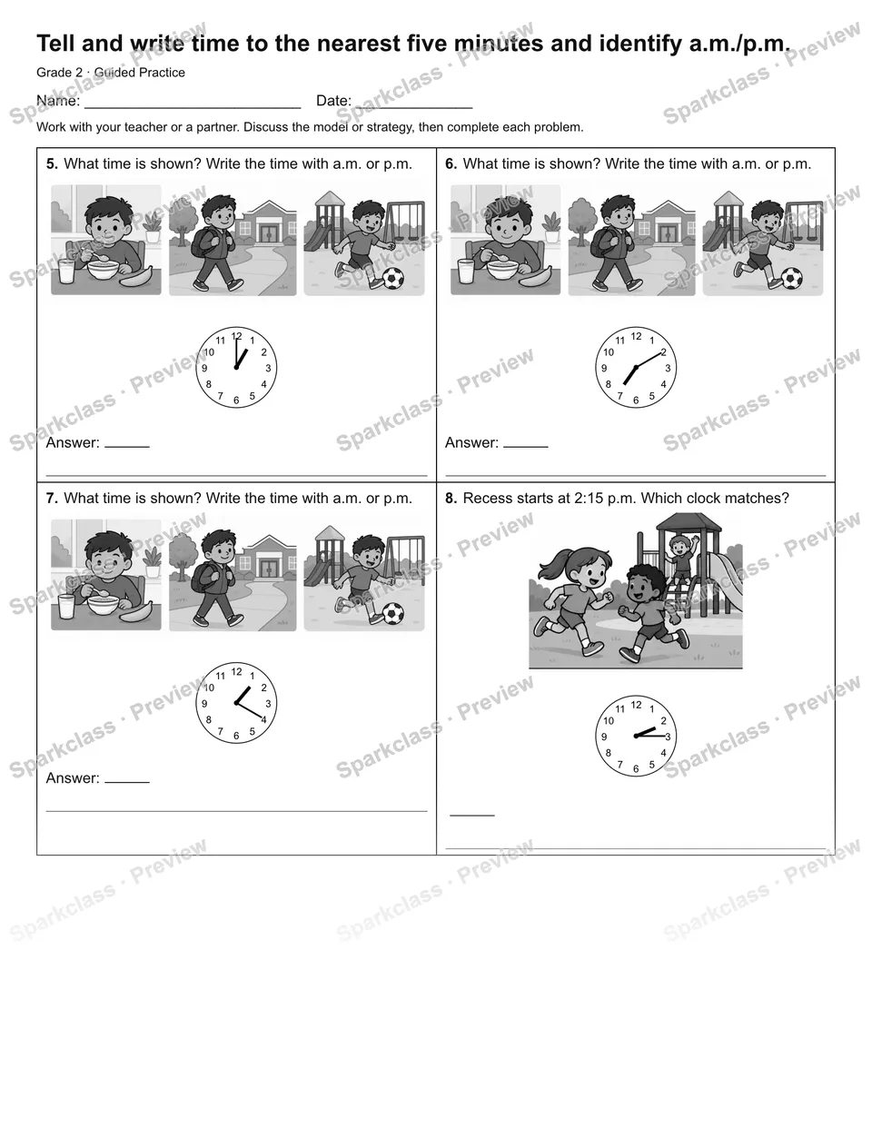 Tell and write time to the nearest five minutes and identify a.m./p.m. — Guided Practice — page 2