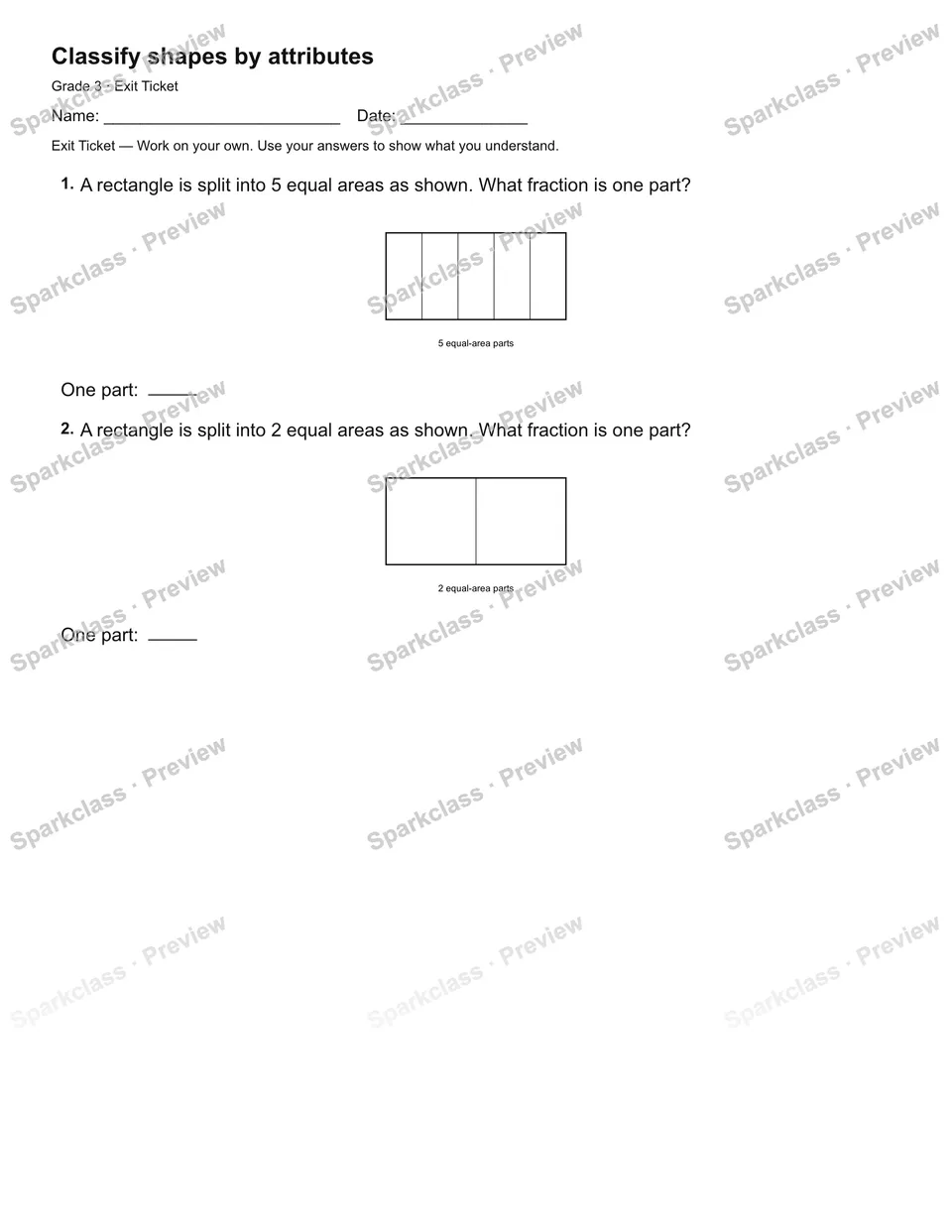 Classify shapes by attributes — Exit Ticket — Grade 3 worksheet preview