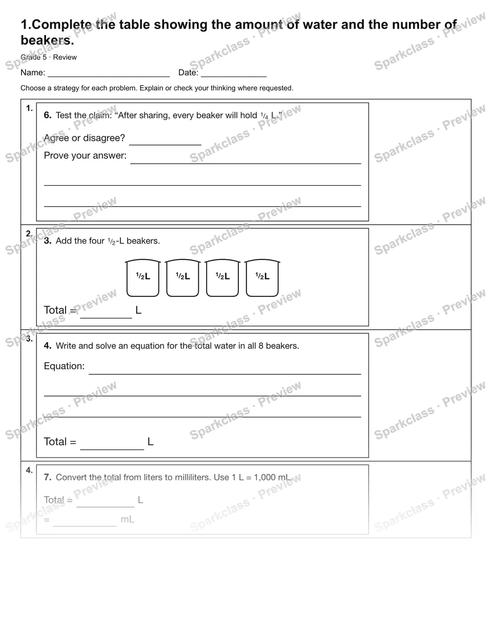 1.Complete the table showing the amount of water and the number of beakers. — Review — Grade 5 worksheet preview