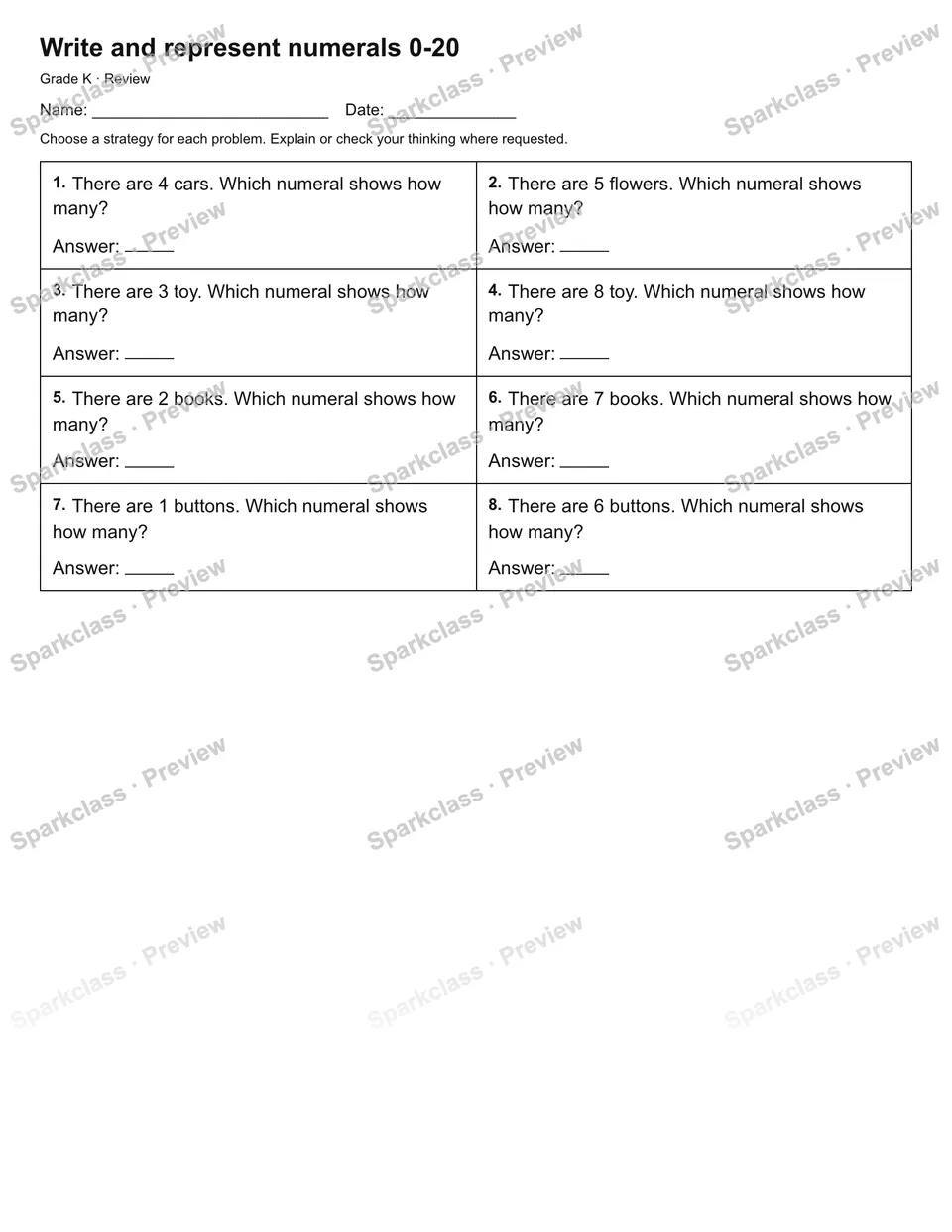 Write and represent numerals 0-20 — Review — Kindergarten worksheet preview