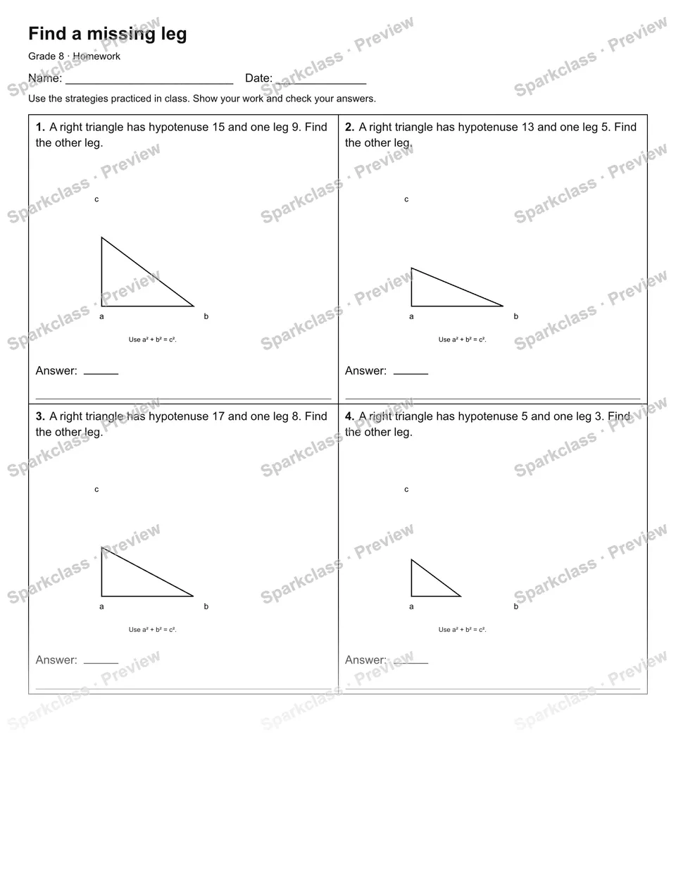 Find a missing leg — Homework — Grade 8 worksheet preview