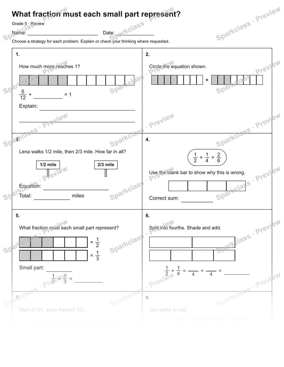 What fraction must each small part represent? — Review — Grade 5 worksheet preview