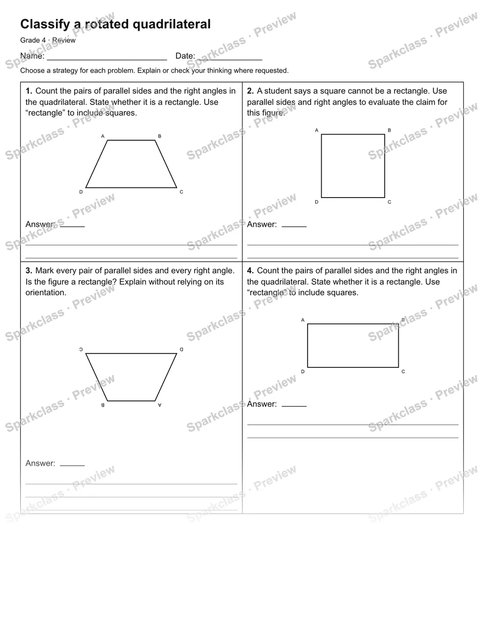 Classify a rotated quadrilateral — Review — Grade 4 worksheet preview