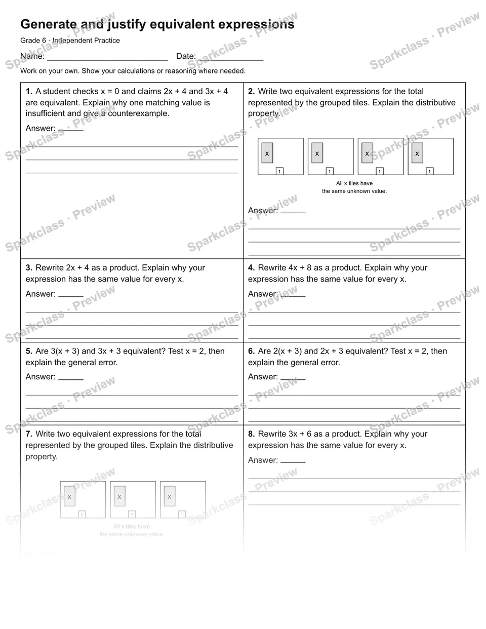 Generate and justify equivalent expressions — Independent Practice — Grade 6 worksheet preview