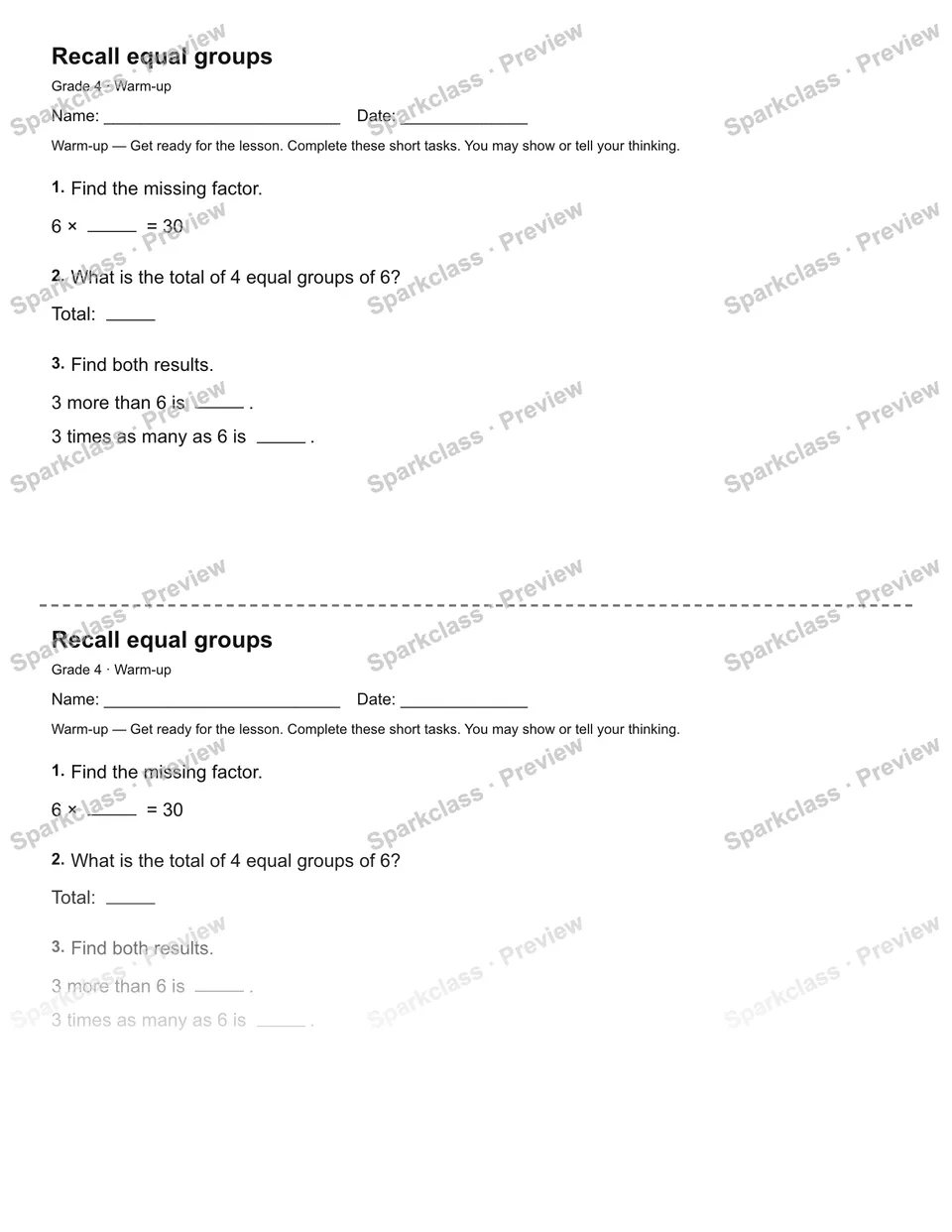 Recall equal groups — Warm-up — Grade 4 worksheet preview