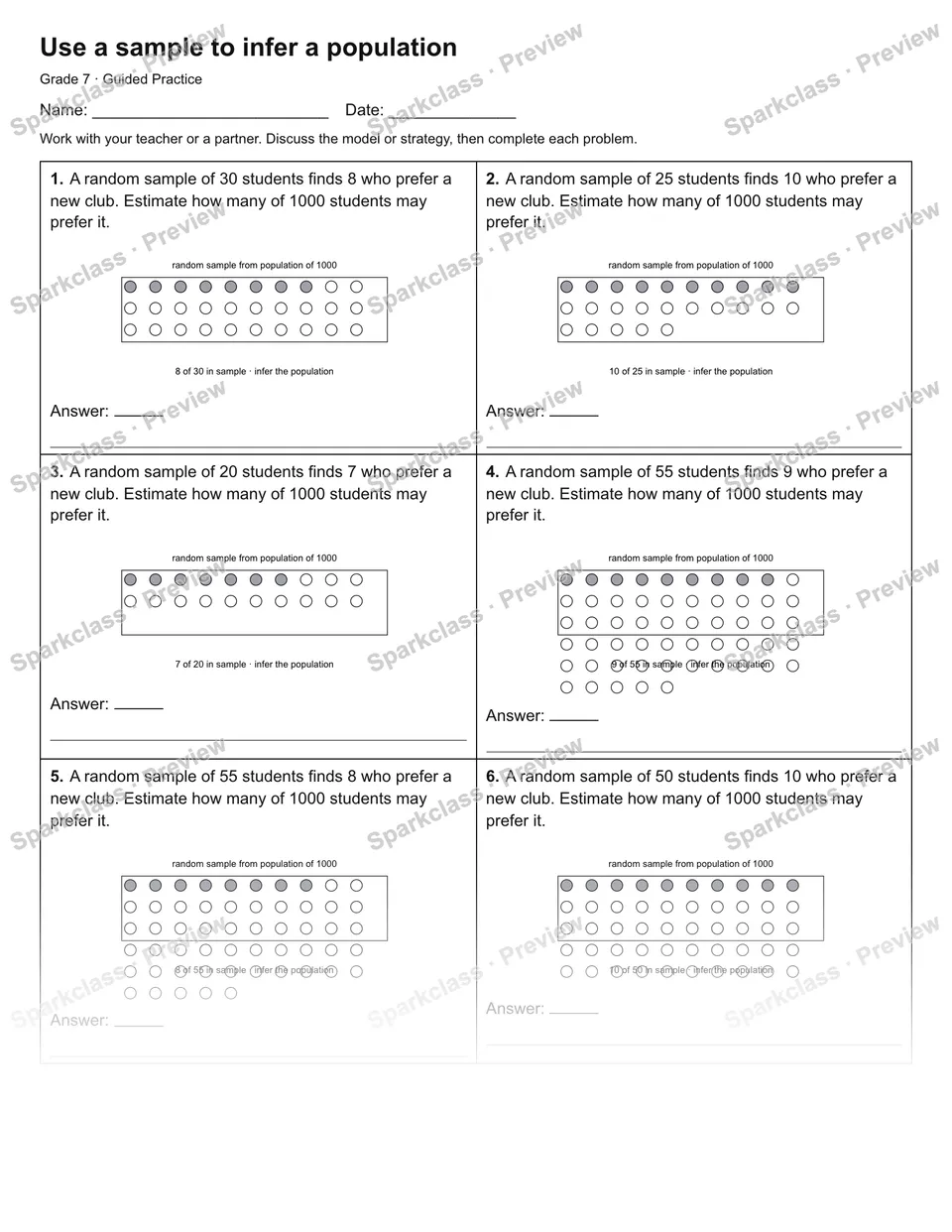 Use a sample to infer a population — Guided Practice — Grade 7 worksheet preview