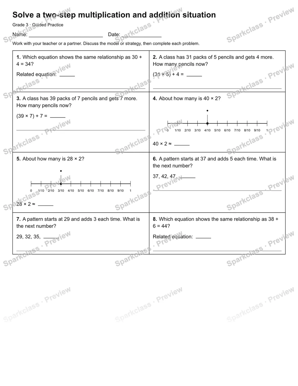 Solve a two-step multiplication and addition situation — Guided Practice — Grade 3 worksheet preview