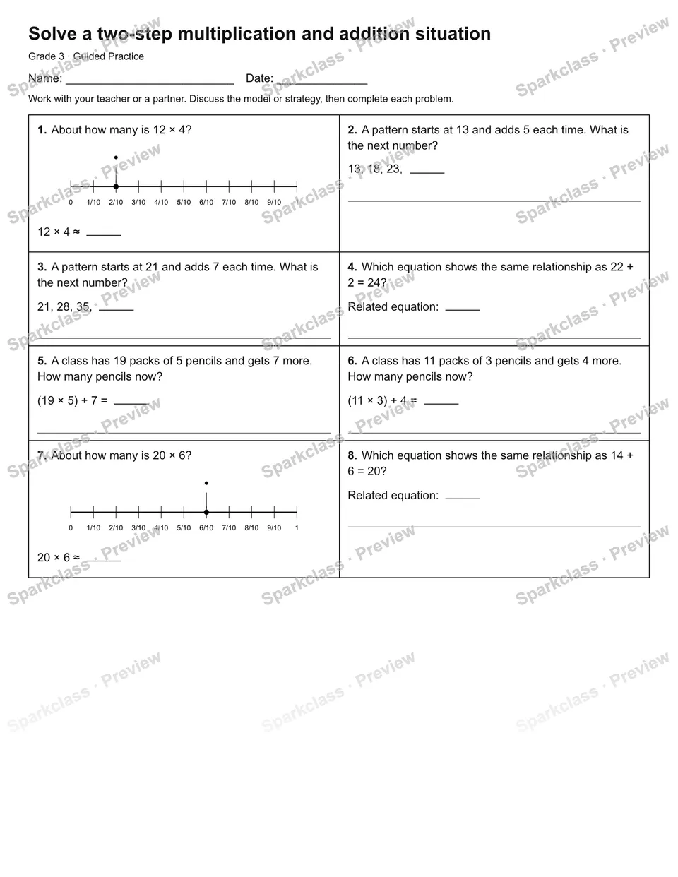 Solve a two-step multiplication and addition situation — Guided Practice — Grade 3 worksheet preview