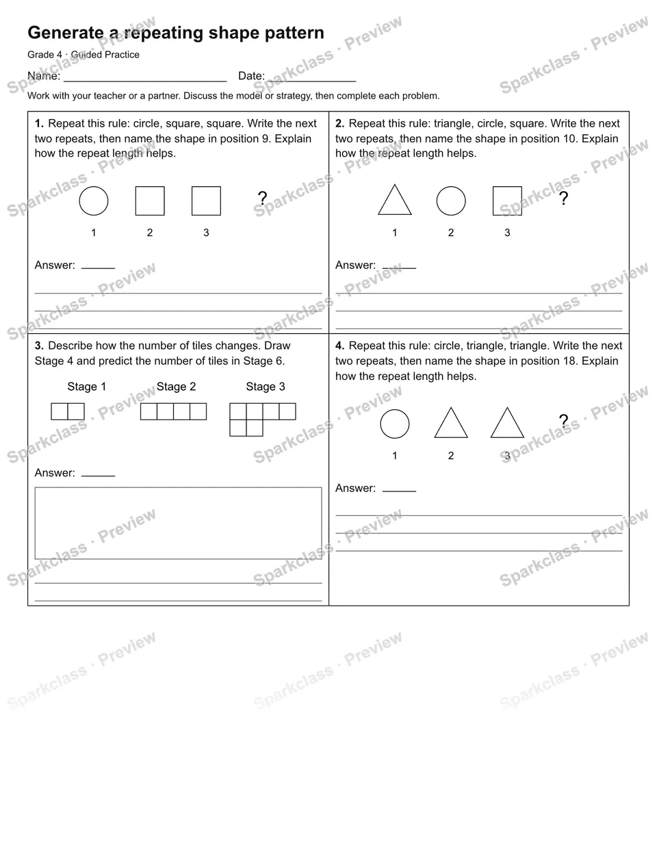 Generate a repeating shape pattern — Guided Practice — Grade 4 worksheet preview