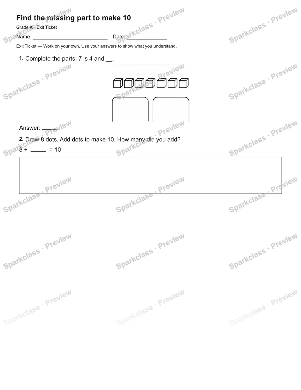 Find the missing part to make 10 — Exit Ticket — Kindergarten worksheet preview