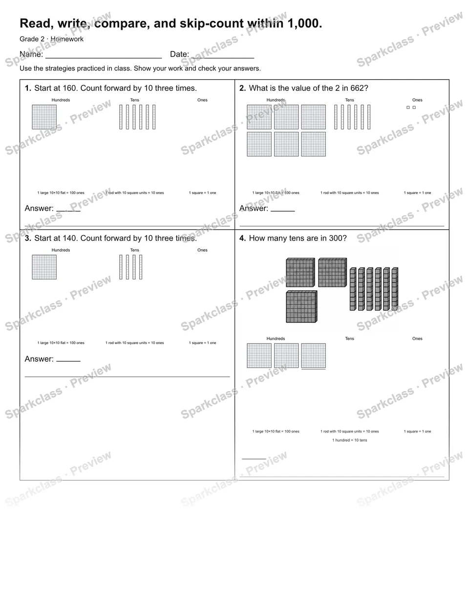 Read, write, compare, and skip-count within 1,000. — Homework — Grade 2 worksheet preview