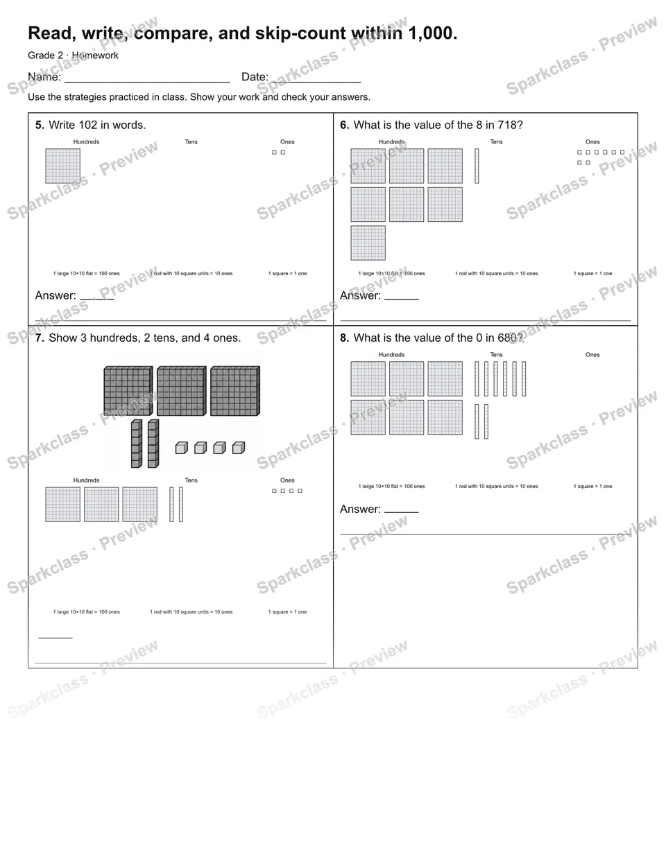 Read, write, compare, and skip-count within 1,000. — Homework — page 2