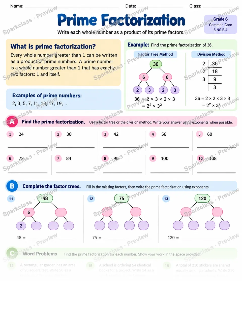 Prime Factorization — Grade 6 worksheet preview