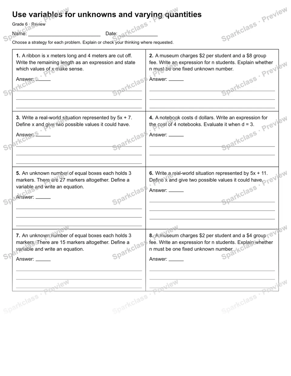 Use variables for unknowns and varying quantities — Review — Grade 6 worksheet preview