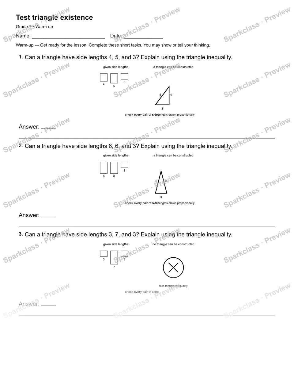 Test triangle existence — Warm-up — Grade 7 worksheet preview