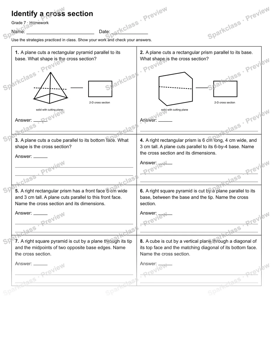 Identify a cross section — Homework — Grade 7 worksheet preview