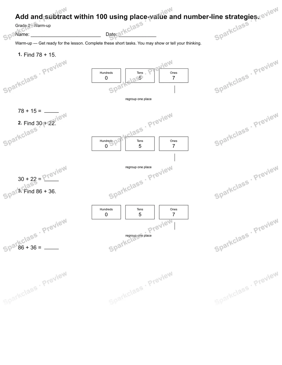 Add and subtract within 100 using place-value and number-line strategies. — Warm-up — page 2