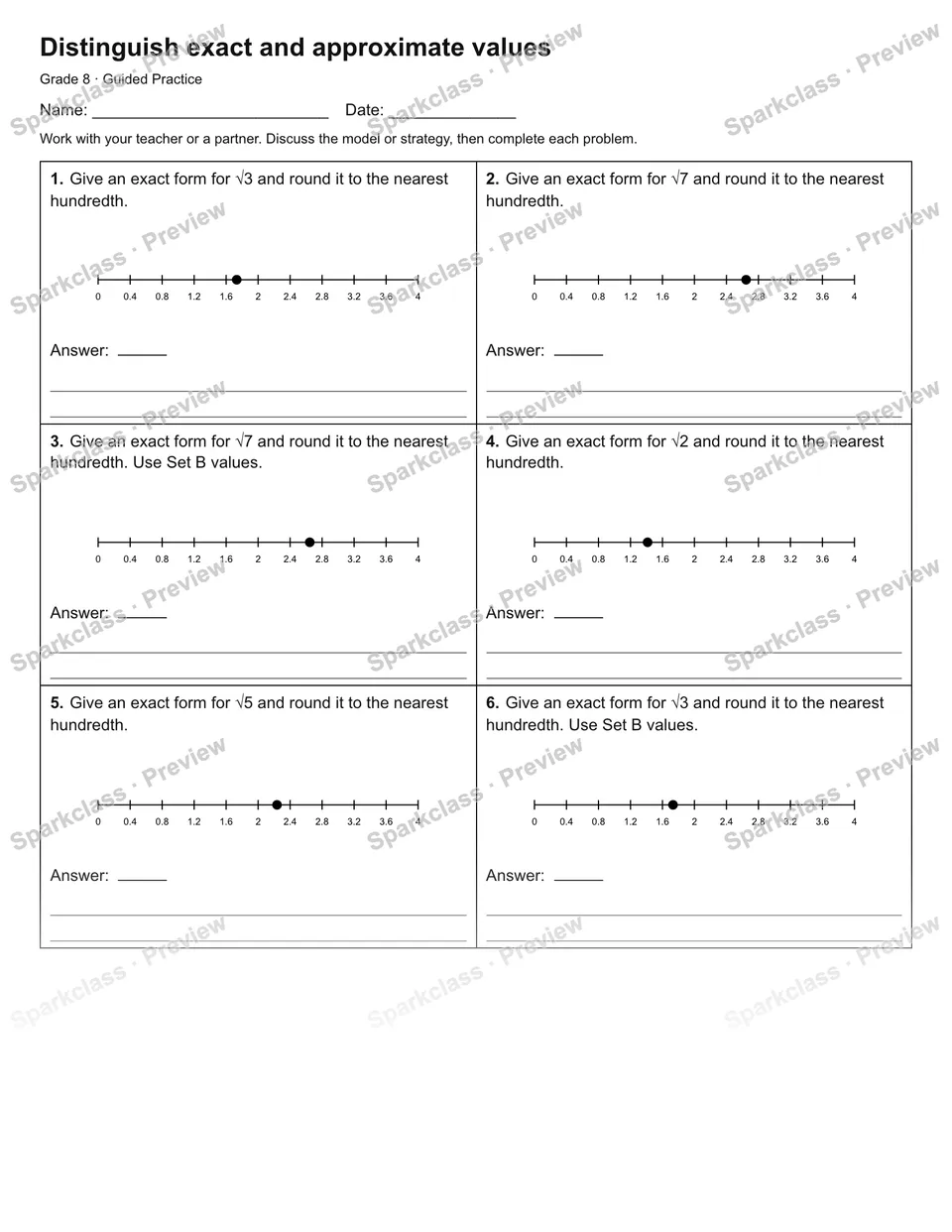 Distinguish exact and approximate values — Guided Practice — Grade 8 worksheet preview