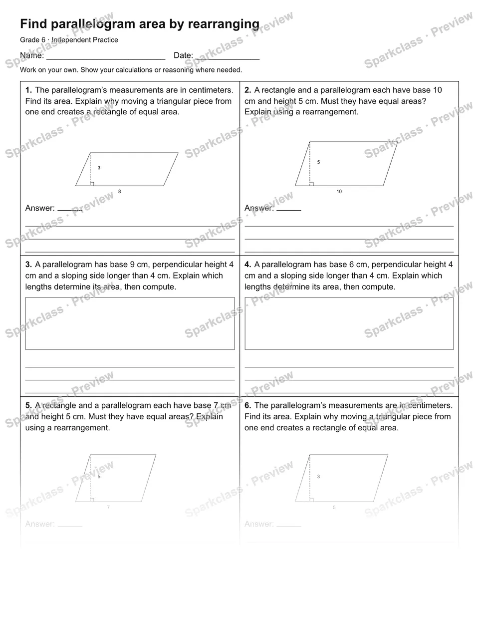 Find parallelogram area by rearranging — Independent Practice — Grade 6 worksheet preview