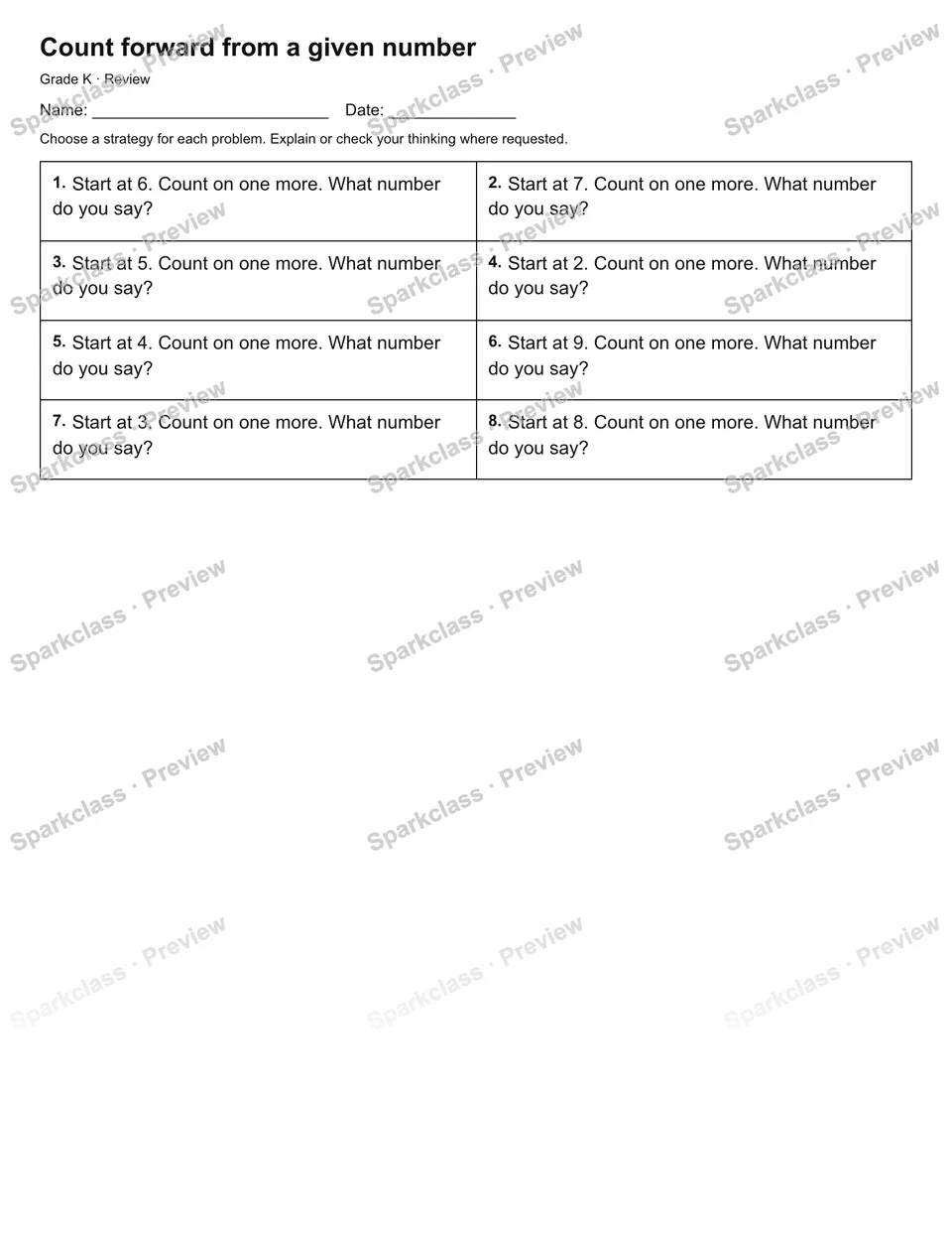 Count forward from a given number — Review — Kindergarten worksheet preview
