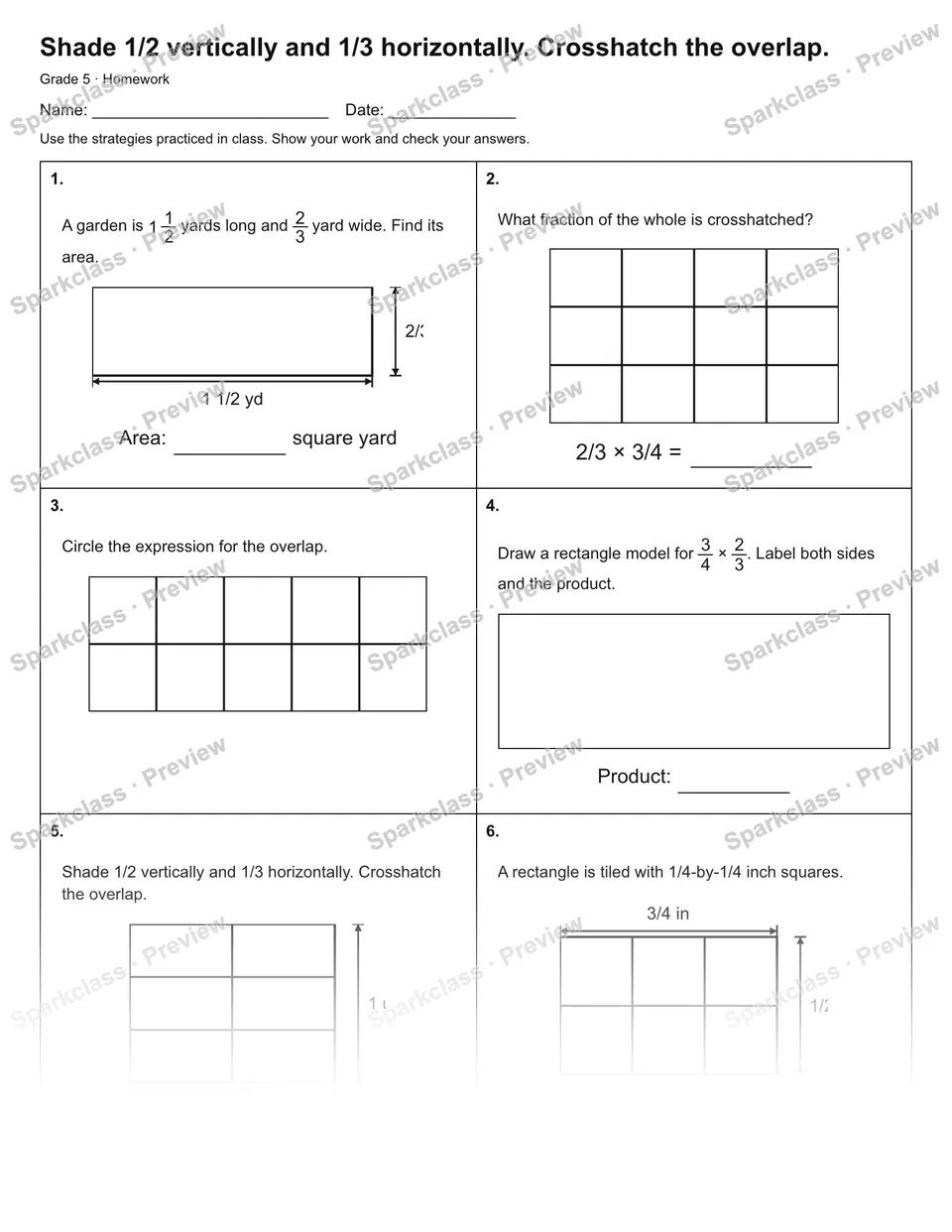Shade 1/2 vertically and 1/3 horizontally. Crosshatch the overlap. — Homework — Grade 5 worksheet preview