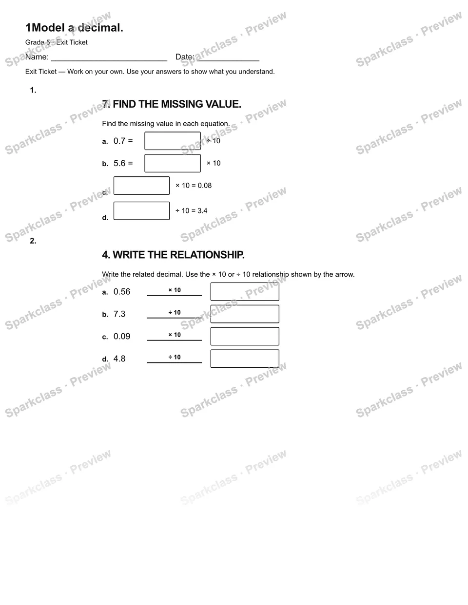 1Model a decimal. — Exit Ticket — Grade 5 worksheet preview