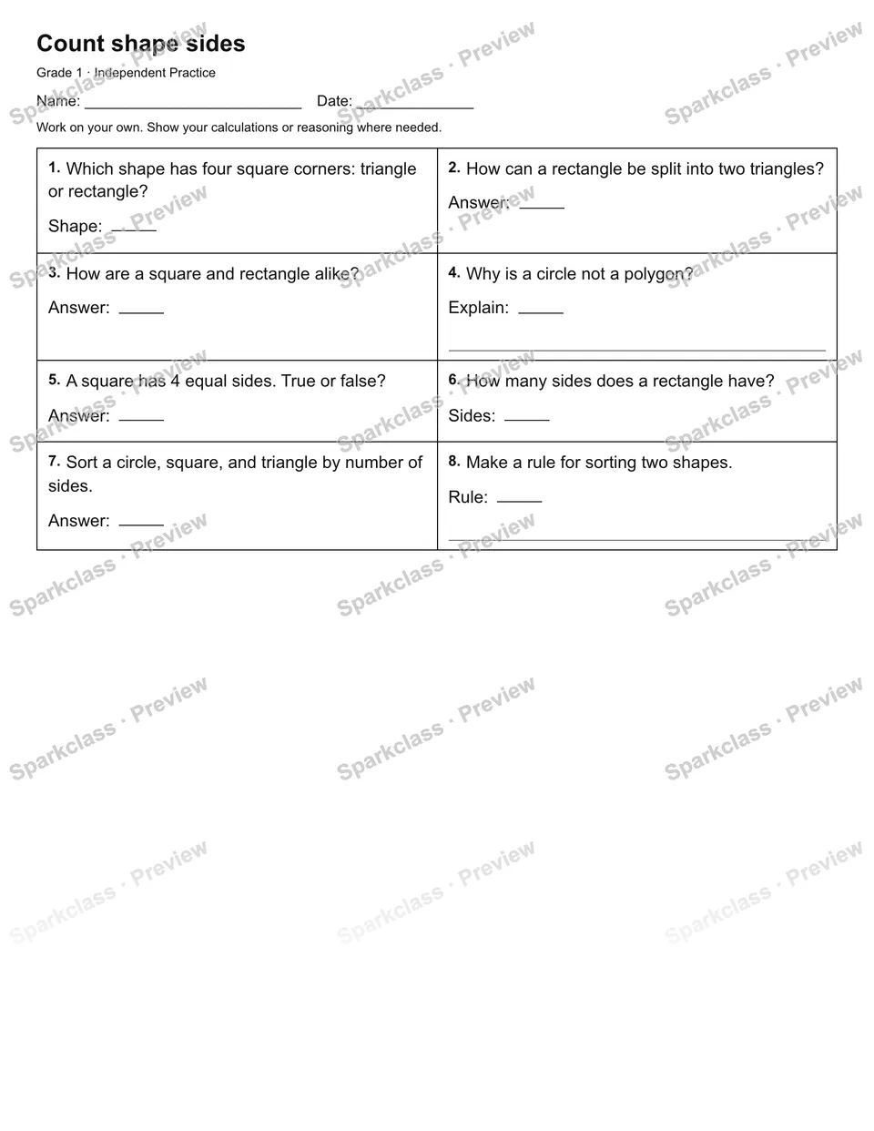 Count shape sides — Independent Practice — Grade 1 worksheet preview