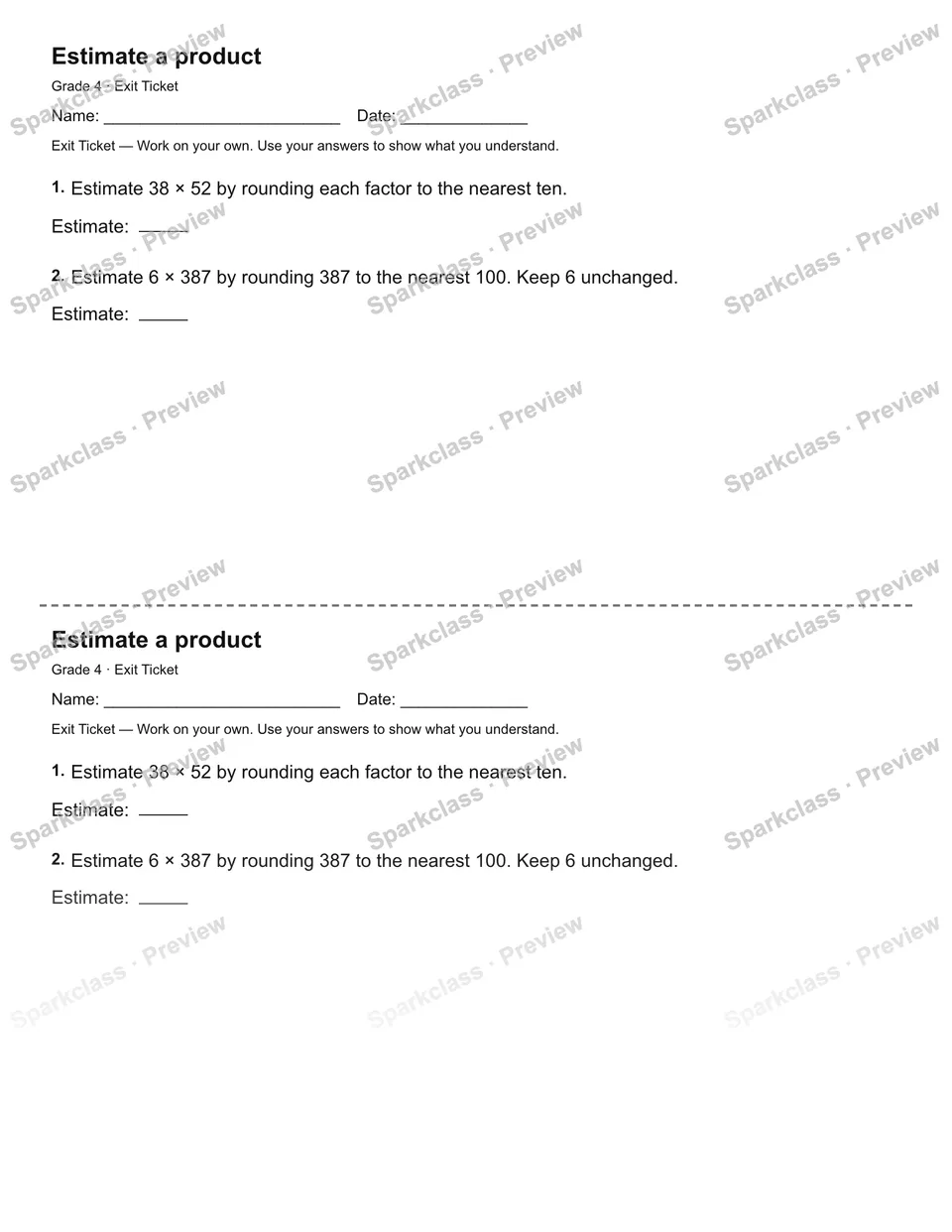 Estimate a product — Exit Ticket — Grade 4 worksheet preview