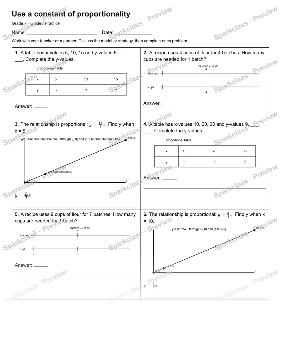 Use a constant of proportionality — Guided Practice — Grade 7 worksheet preview