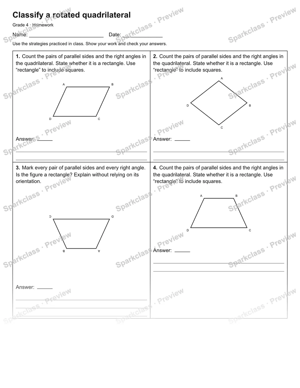 Classify a rotated quadrilateral — Homework — Grade 4 worksheet preview
