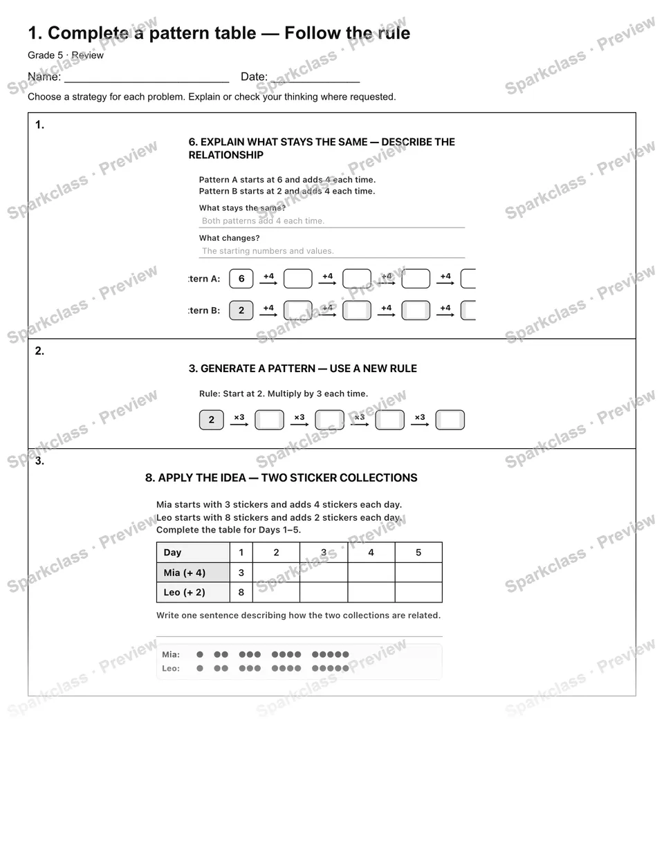 1. Complete a pattern table — Follow the rule — Review — Grade 5 worksheet preview
