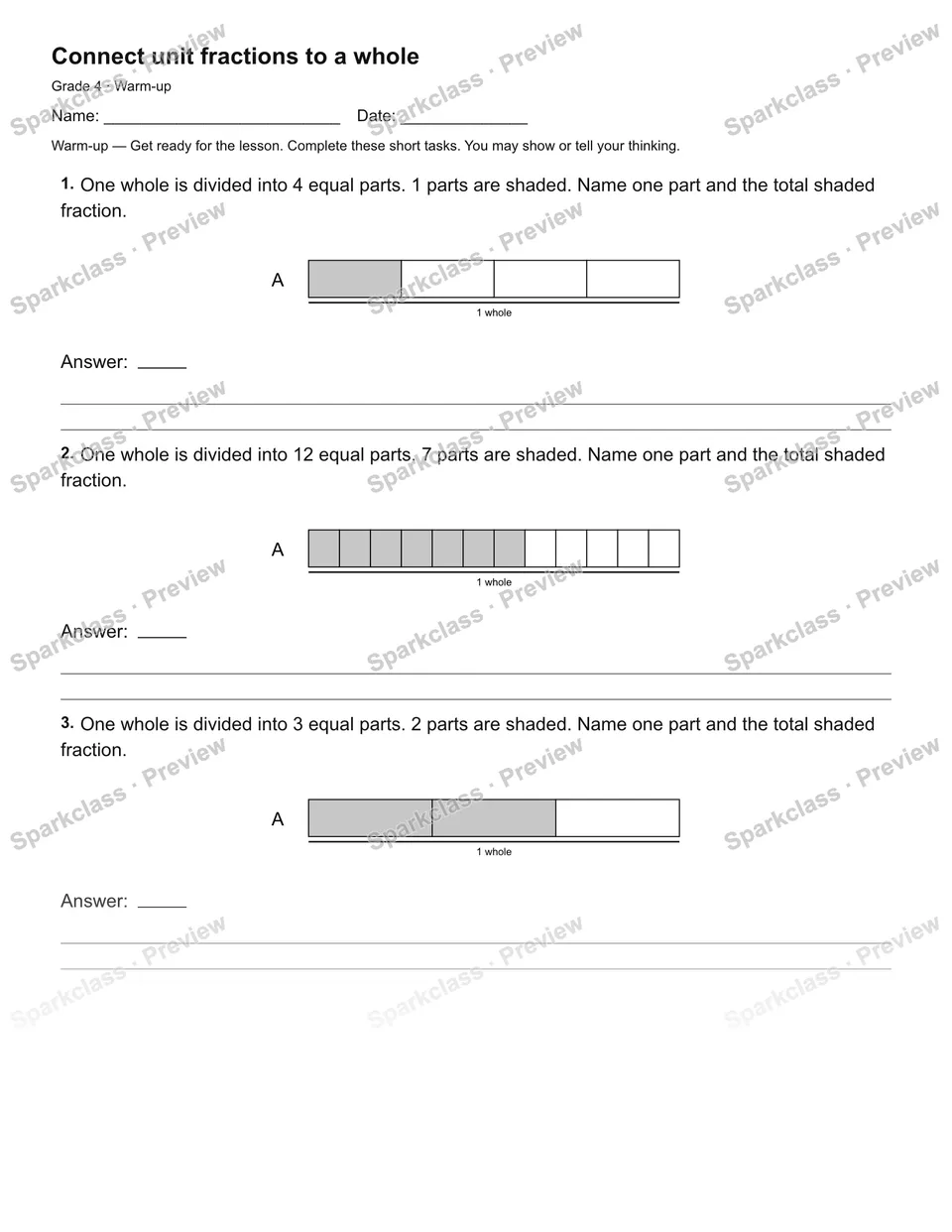 Connect unit fractions to a whole — Warm-up — Grade 4 worksheet preview