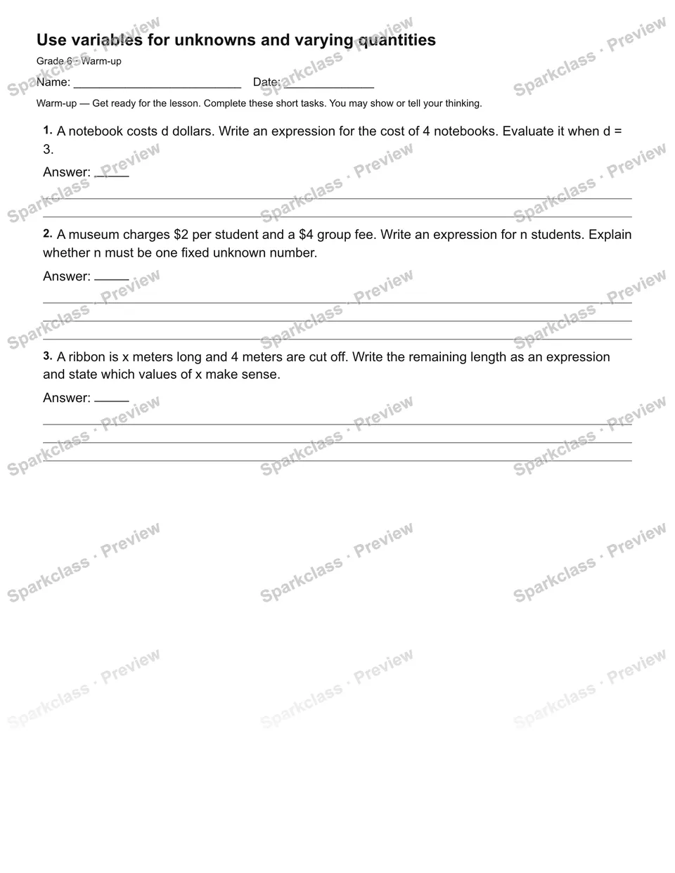Use variables for unknowns and varying quantities — Warm-up — page 2