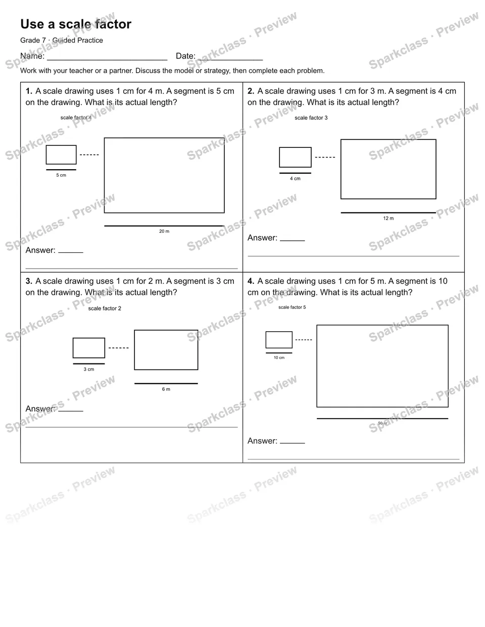 Use a scale factor — Guided Practice — Grade 7 worksheet preview