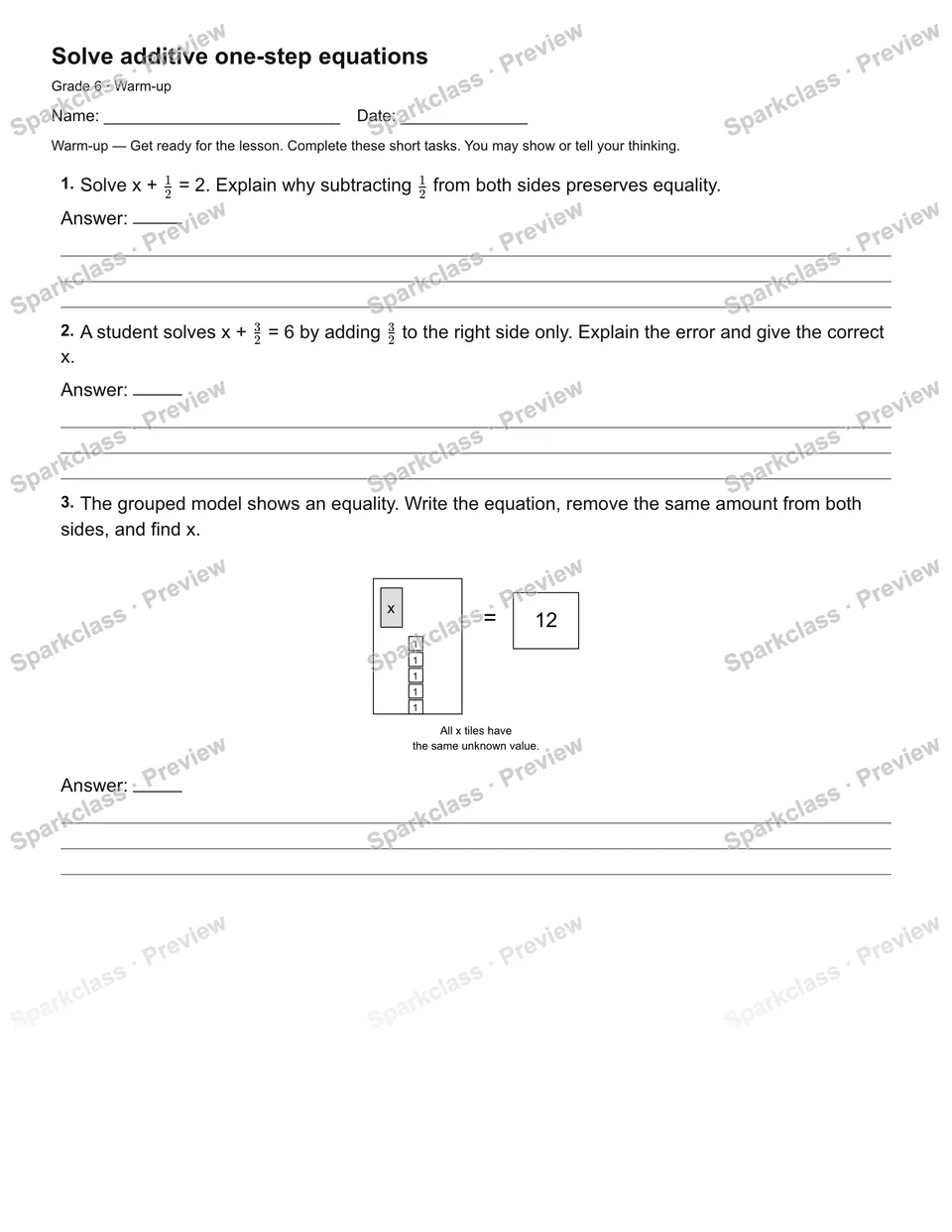 Solve additive one-step equations — Warm-up — page 2